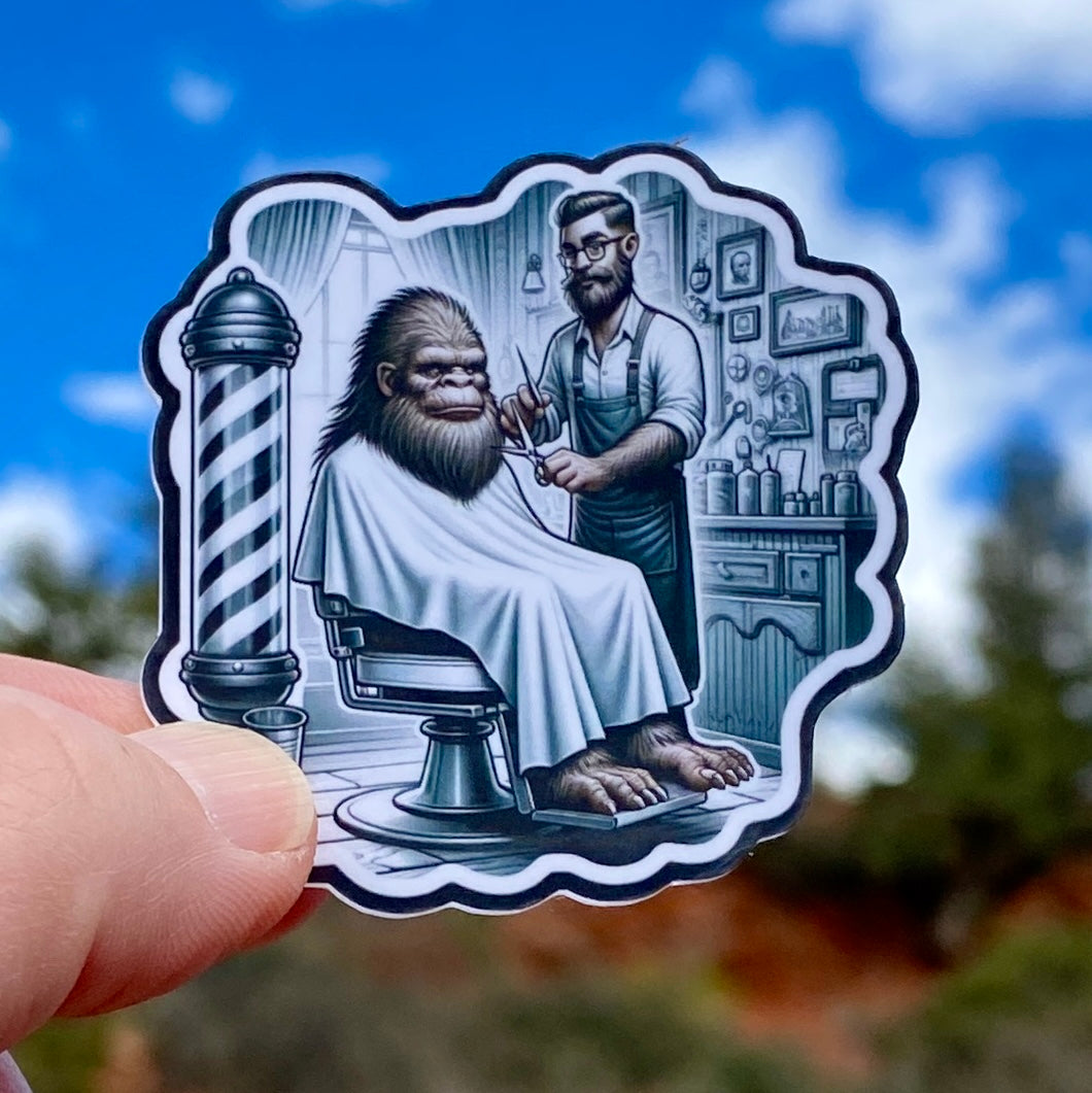 Bigfoot getting a haircut at the Barbershop Sticker, Bigfoot, Barbershop, haircut, Sticker, Decal, Barber,Furry,Sasquatch, grooming, stylist