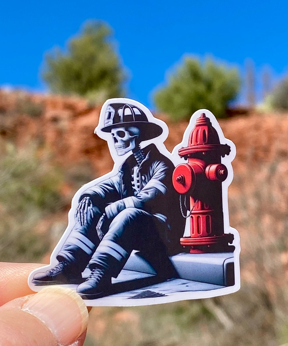 Skeleton Firefighter Rough Day at Work Sticker, firefighter, bunker gear, fireman, fire department, hero, sacrifice, sticker, fire, decal