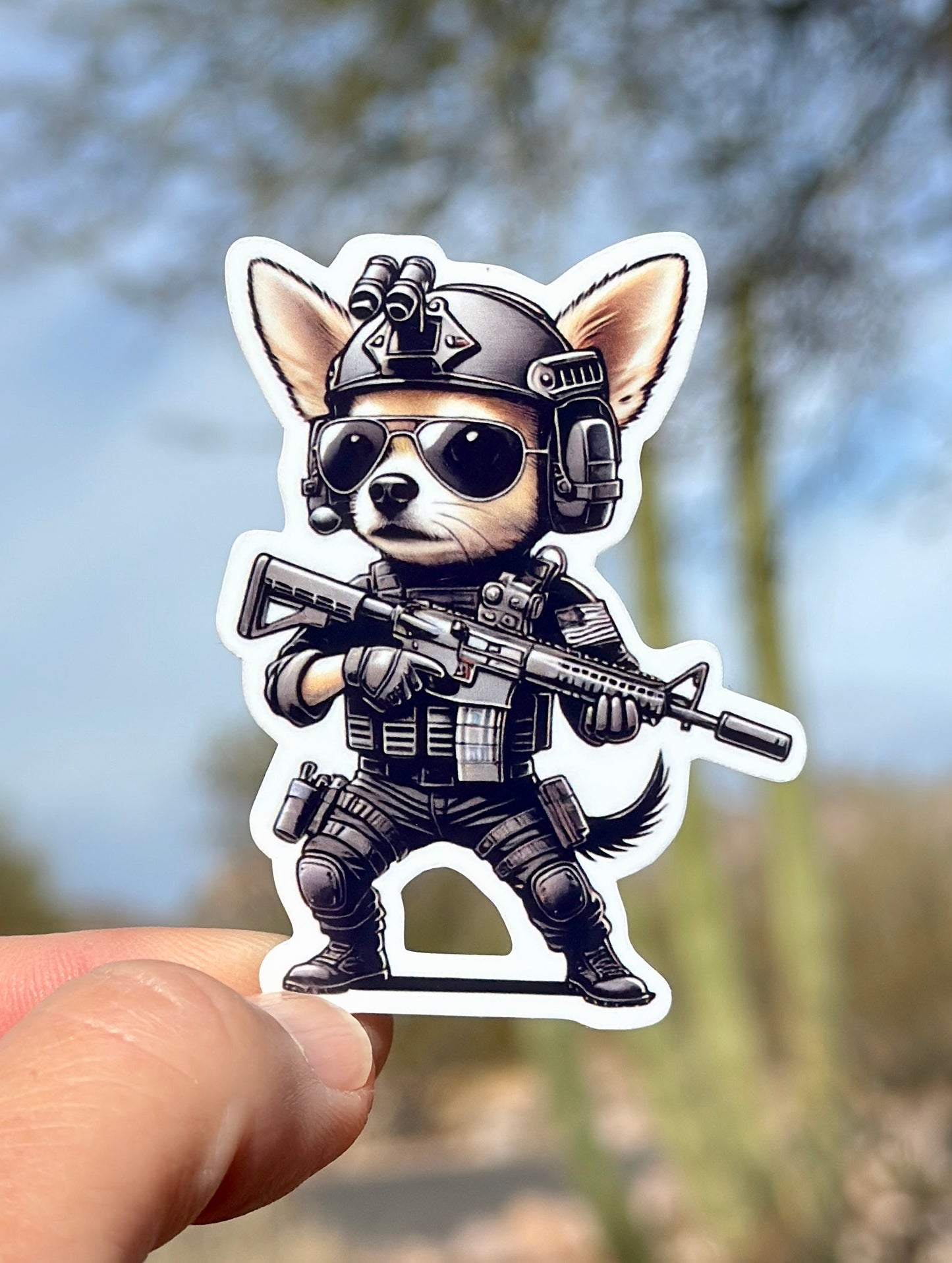 Tactical Chihuahua Sticker, Chihuahua, tactical, operator, Tactical gear, sticker, rifle, military, police, shoot, gear, gun humor,Dog, gun