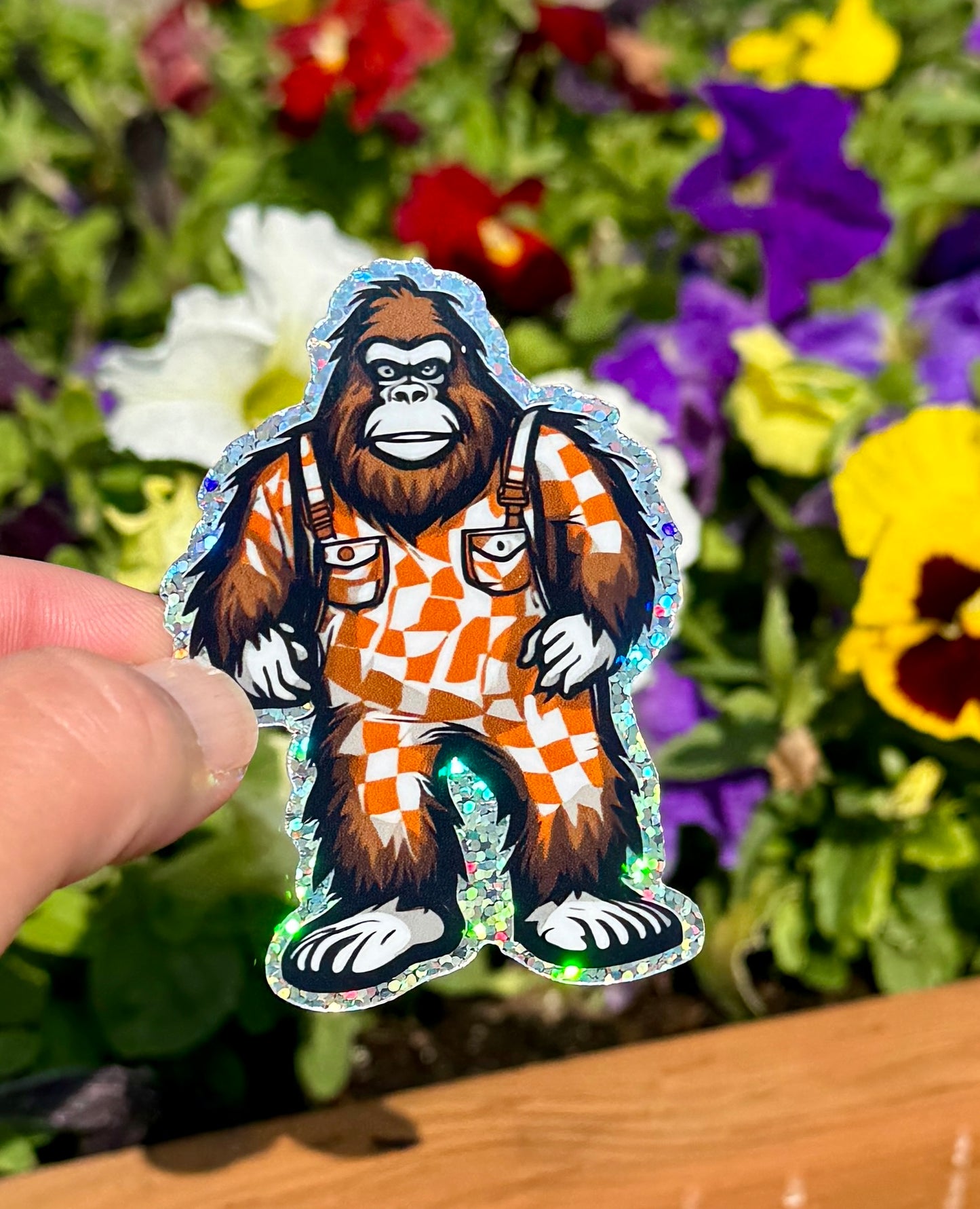 Bigfoot orange and white checkered overalls with sparkling outline Sticker. UT Vols fan, GBO, Tennessee, Vols, Sticker, Tennessee Football