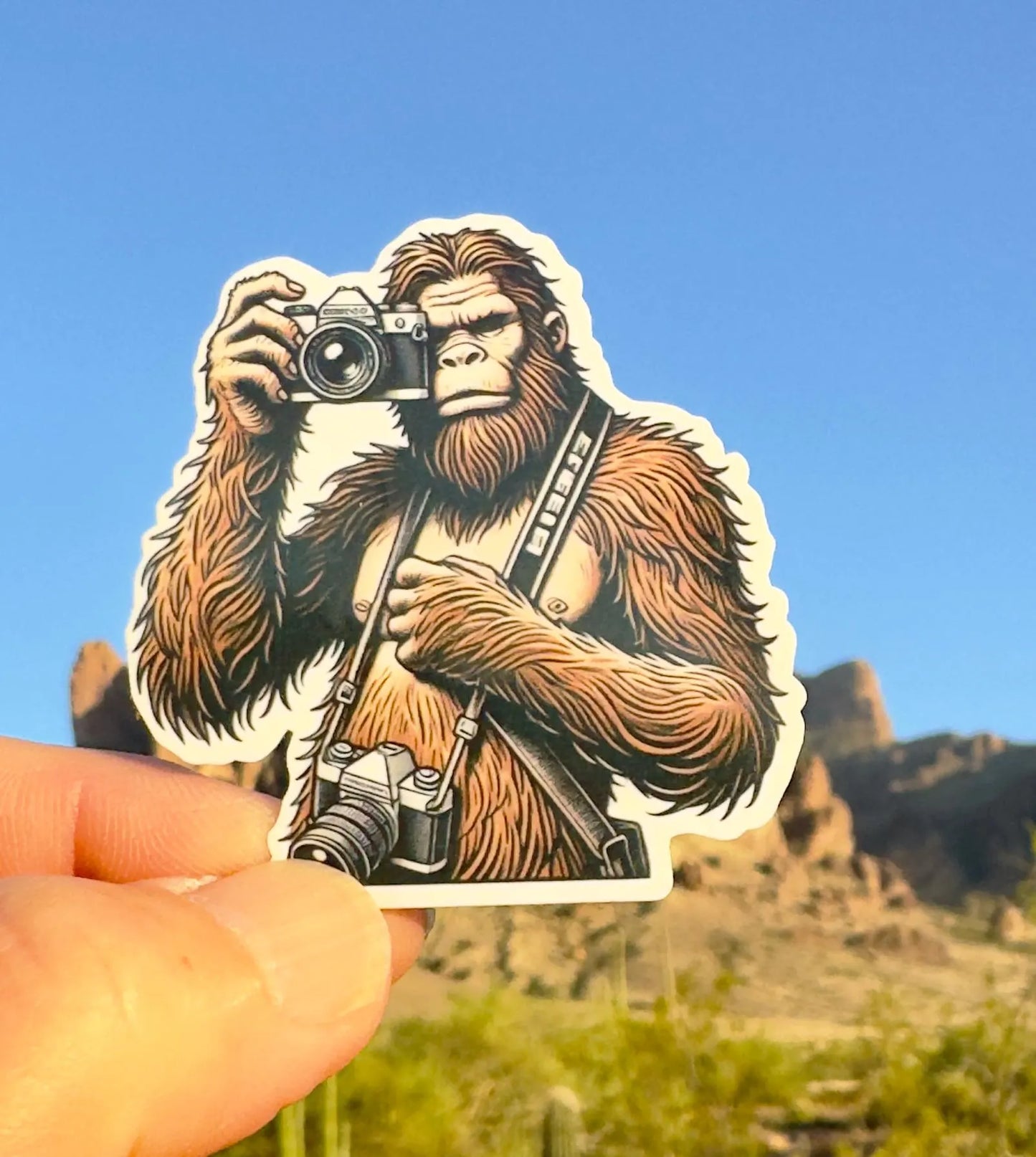 Bigfoot Photographer Sticker, camera, photographer, digital camera, Bigfoot, photography, sticker, cryptid, camera gear, photo bug, gear