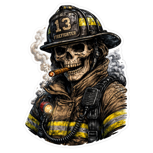 Gritty Skeleton Firefighter with Cigar Sticker | Firefighter Skull Vinyl Decal | Firefighter Gift | Bunker Gear Skeleton