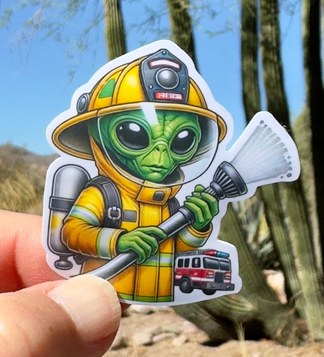 Alien Firefighter and firetruck Sticker, firefighter, bunker gear, fireman, fire department, skeleton, sticker, alien,firetruck ,fire helmet