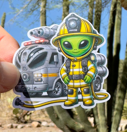 Alien Firefighter and firetruck Sticker, firefighter, bunker gear, fireman, fire department, skeleton, sticker, alien,firetruck ,fire helmet