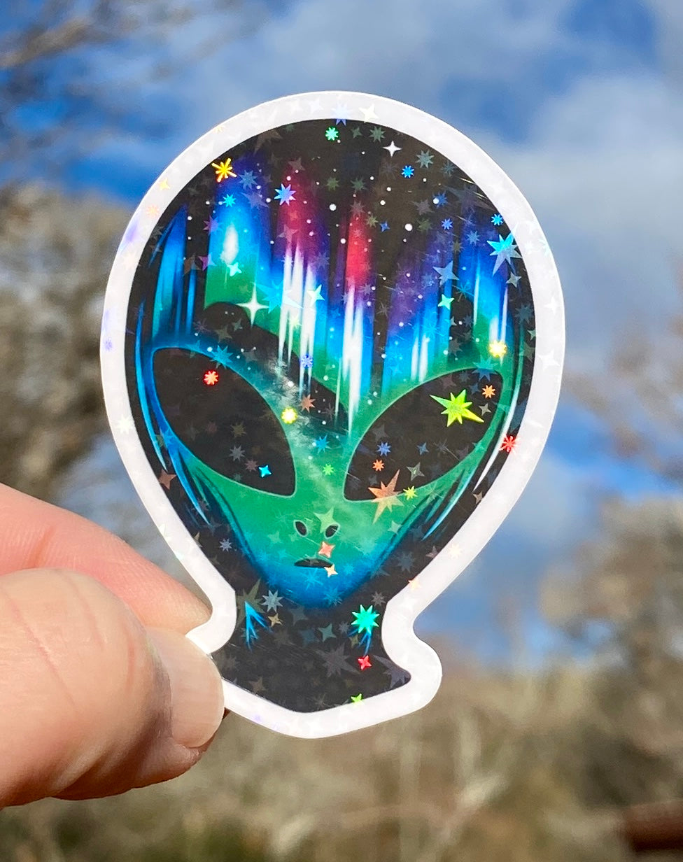 Holographic Alien Sticker, sticker, Alien, Space, Science Fiction, sparkle, northern lights, holographic, Holographic sticker, stars, galaxy