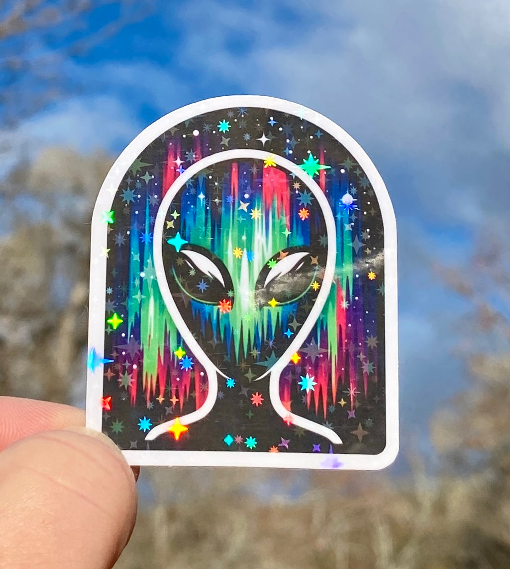 Holographic Alien Sticker, sticker, Alien, Space, Science Fiction, sparkle, northern lights, holographic, Holographic sticker, stars, galaxy