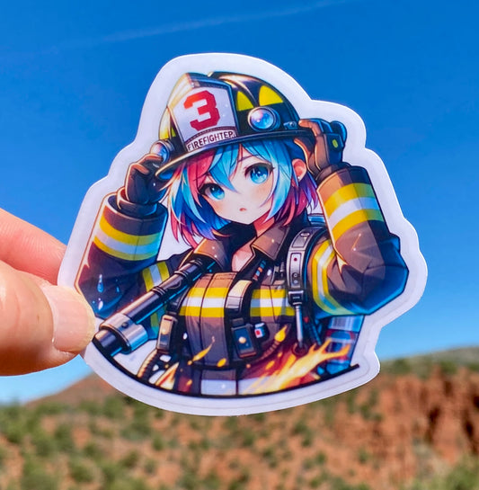 Female Anime Firefighter Sticker, firefighter, female firefighter, bunker gear, first responder, FD, girl power, sticker, empower, anime,