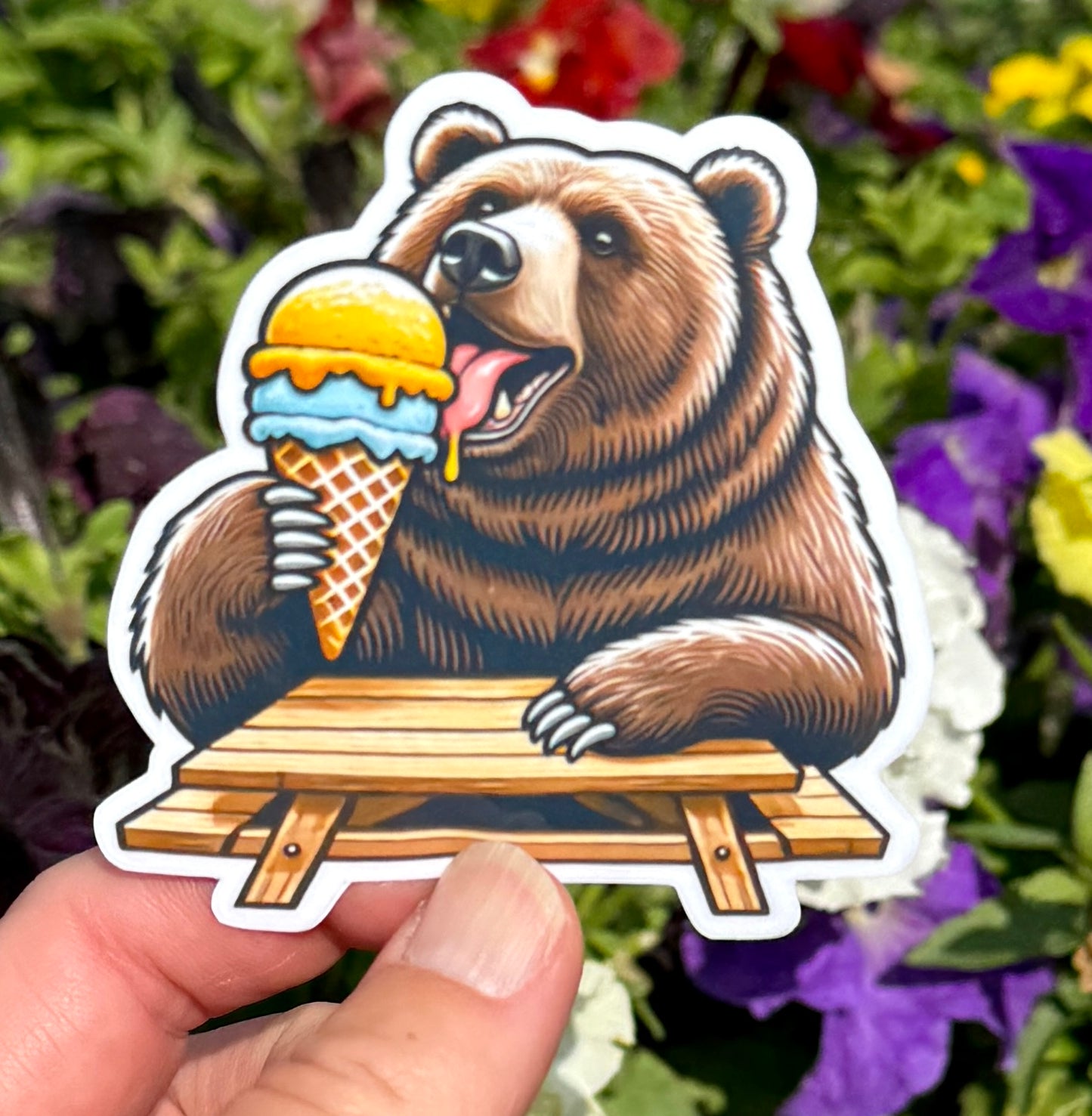 Bear eating ice cream Sticker, Black Bear. Grizzly Bear, Ice Cream, animal lover, bears, bear lover, wild animals, sticker, ice cream cone