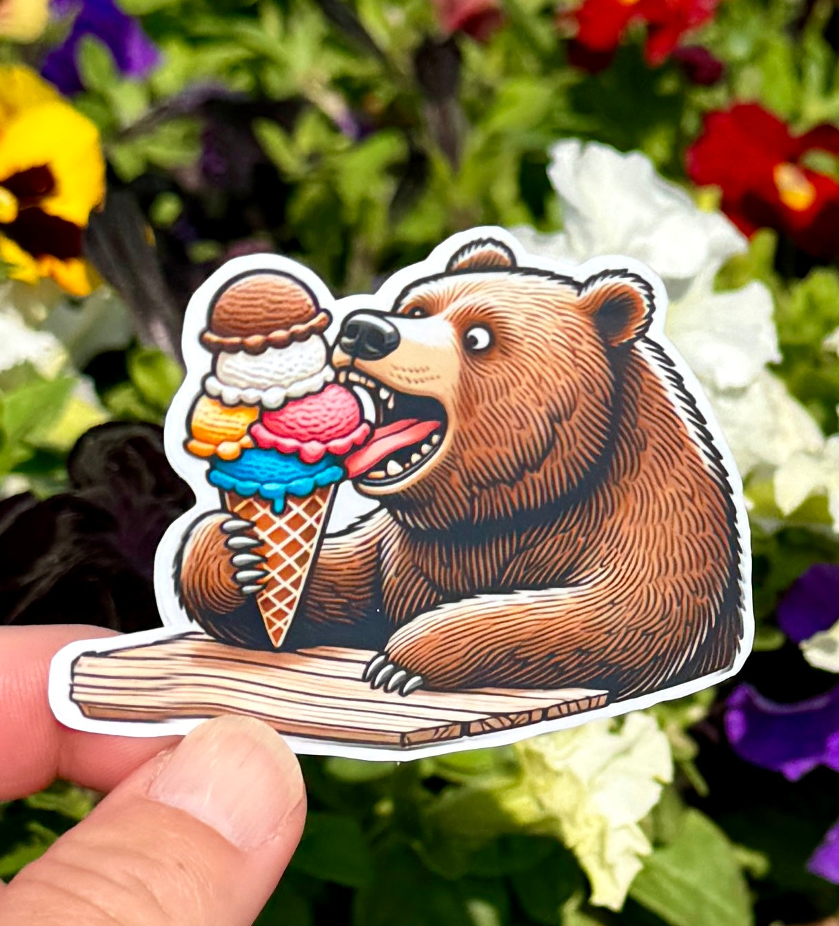 Bear eating ice cream Sticker, Black Bear. Grizzly Bear, Ice Cream, animal lover, bears, bear lover, wild animals, sticker, ice cream cone