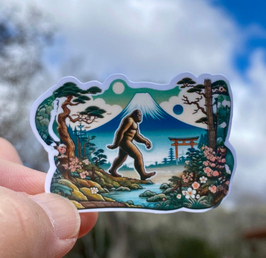 Bigfoot Hiking near Mt Fuji Sticker, Mt Fuji, Bigfoot, hiking, sticker, Hiking Adventure, Sasquatch,Japan, Bigfoot in Japan,Bigfoot believer