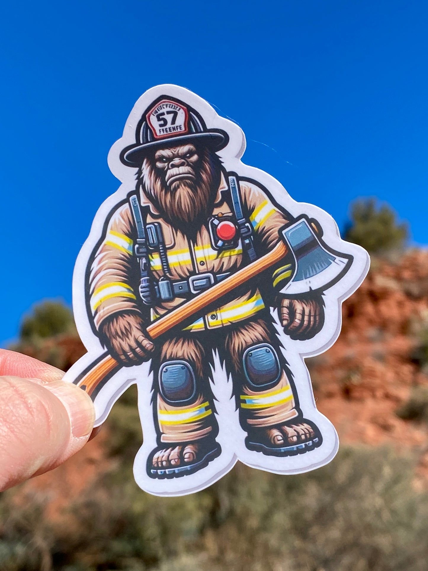 Bigfoot Sticker, firefighter, bunker gear, fireman, ax, first responder, fire department, Bigfoot Firefighter, hero, firehouse, sticker,fire