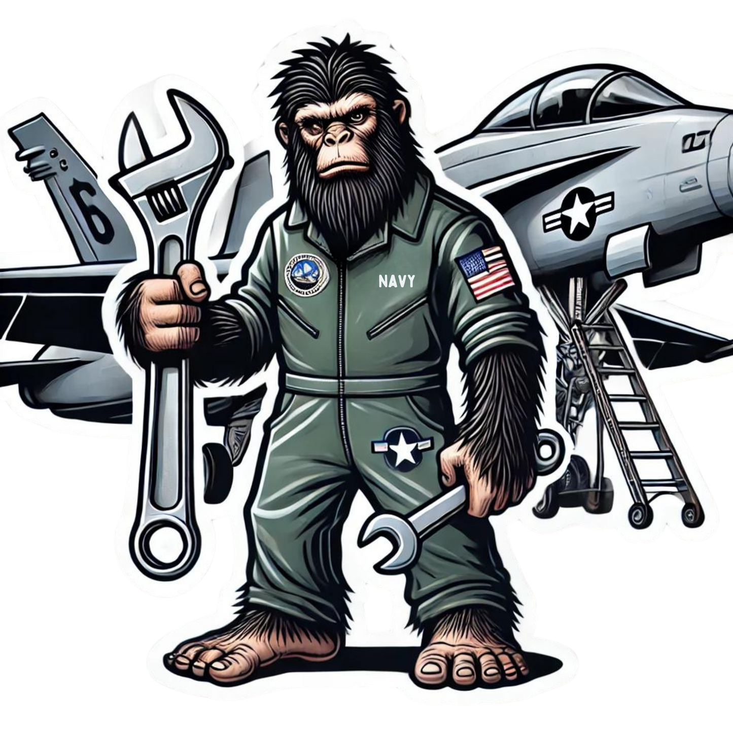 Bigfoot Navy Aircraft Mechanic Sticker, Navy, Mechanic, Bigfoot, sticker, aircraft mechanic, tools, workshop, Sasquatch, wrench, tool shop