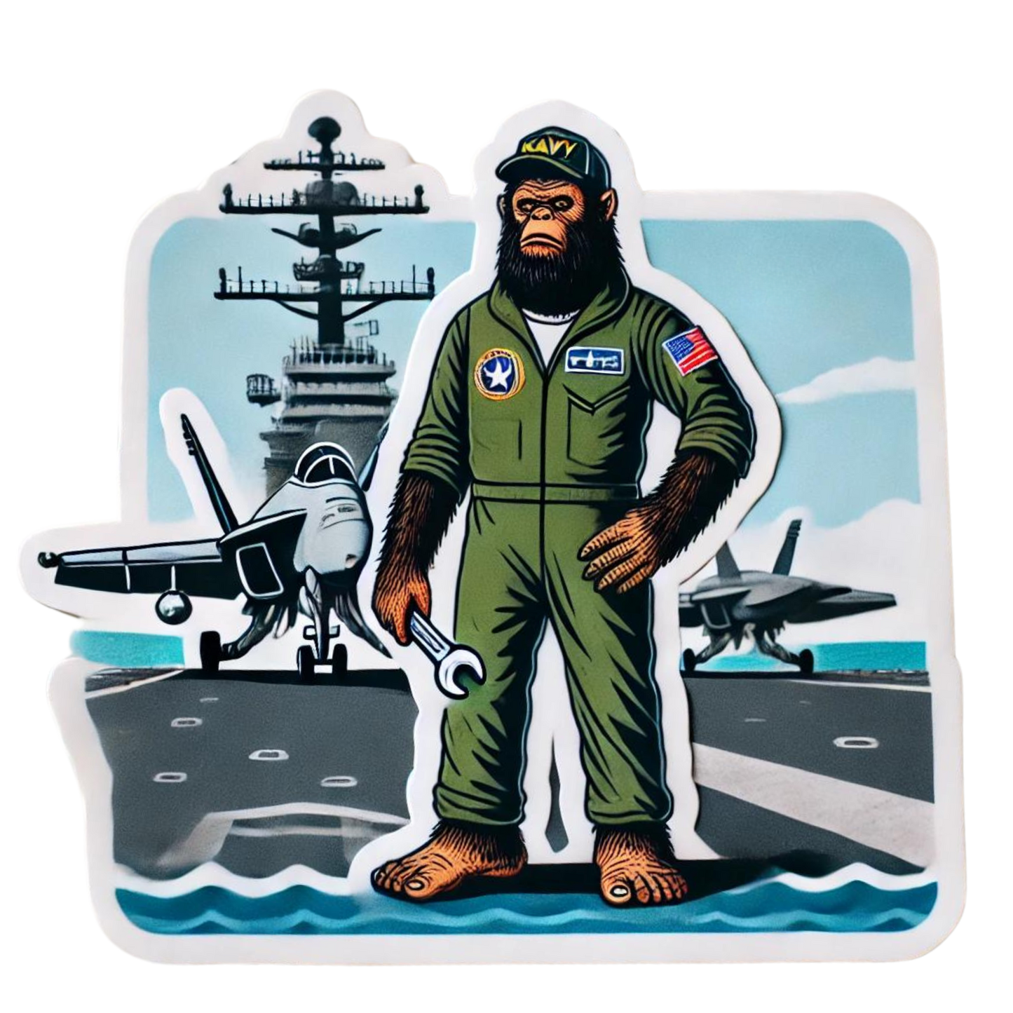 Bigfoot Navy Aircraft Mechanic Sticker, Navy, Mechanic, Bigfoot, sticker, aircraft mechanic, tools, workshop, Sasquatch, wrench, tool shop