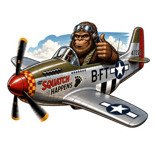 Bigfoot P-51 Mustang Sticker, Squatch Happens Fighter Plane Decal, Sasquatch Pilot Vinyl Sticker, WWII Aviation Gift, Military Aircraft