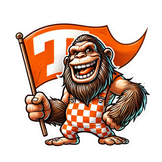 Bigfoot wearing orange and white checkered overalls with a UT Flag Sticker.  UT Vols fan, Big Orange, Tennessee, Vols, Sticker, Decal, Tennessee Football, UT Flag, Sticker