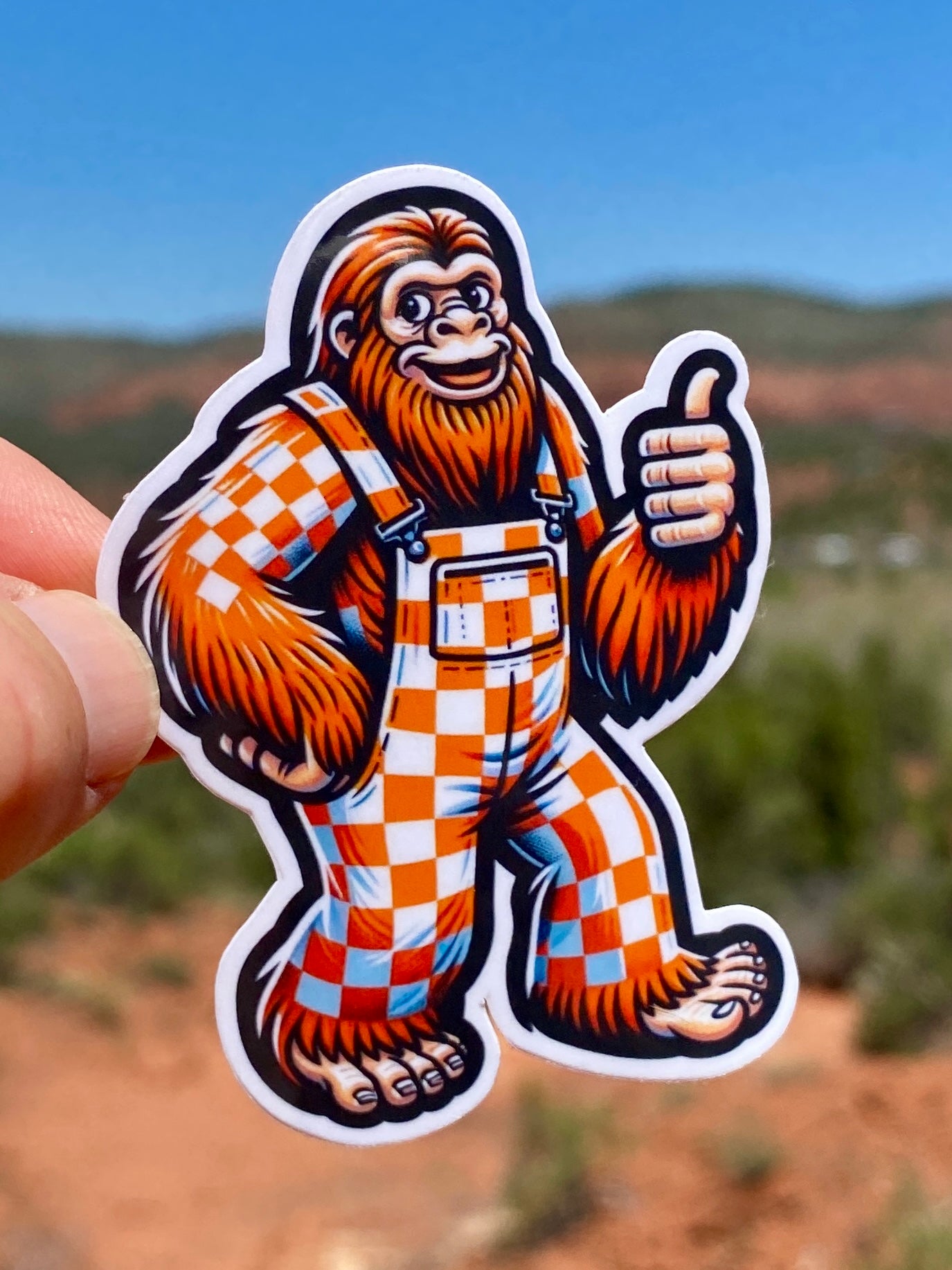 Bigfoot wearing orange and white checkered overalls Sticker.  UT Vols fan, Big Orange, Tennessee, Vols, Sticker, Decal, Tennessee Football