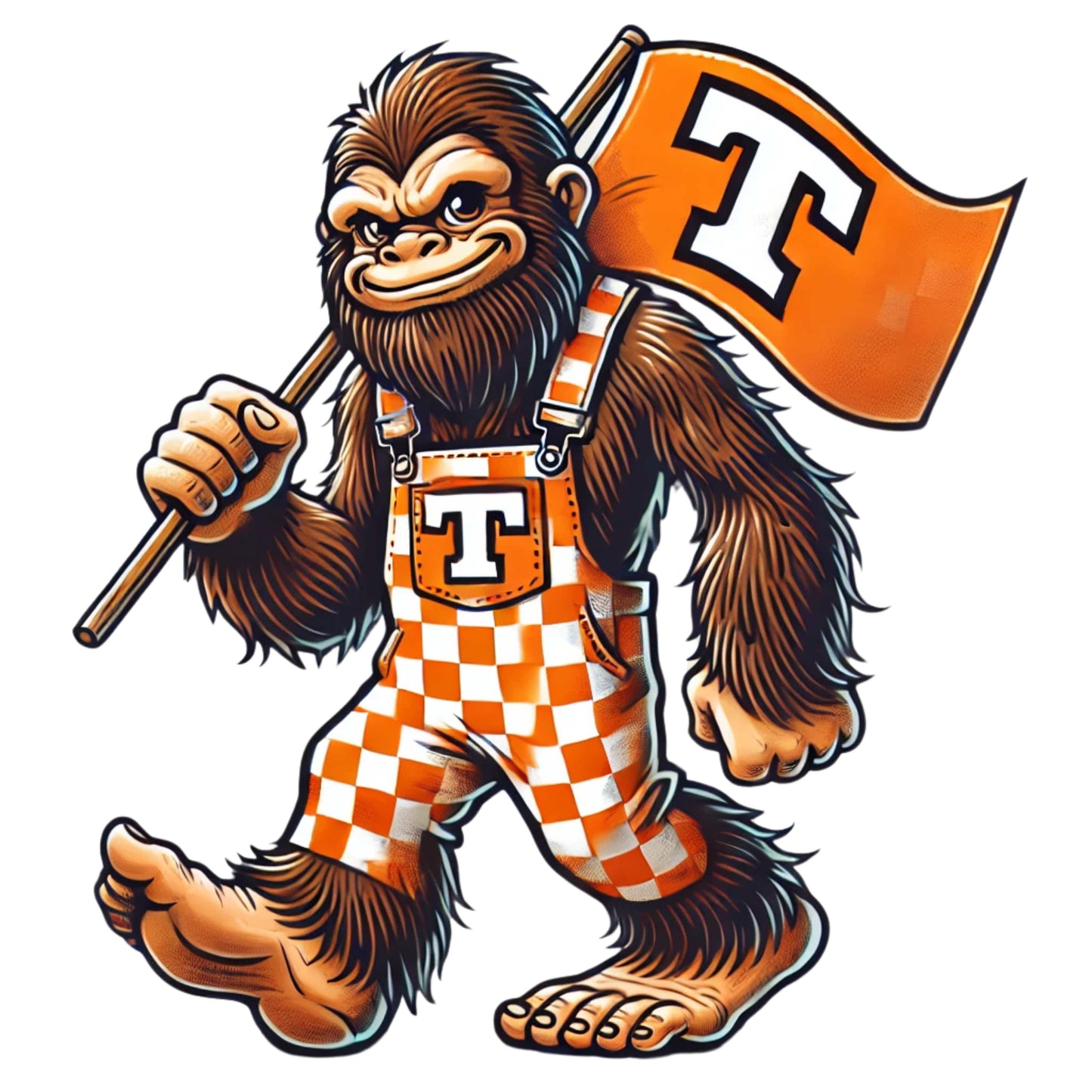 Bigfoot wearing orange and white checkered overalls with a UT Flag Sticker.  UT Vols fan, Big Orange, Tennessee, Vols, Sticker, Decal, Tennessee Football, UT Flag, Sticker