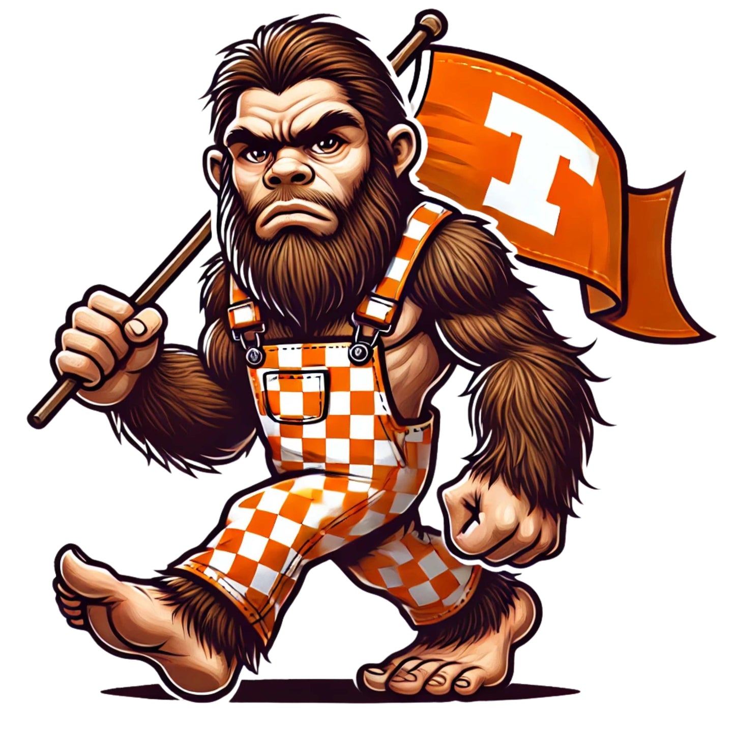 Bigfoot wearing orange and white checkered overalls with a UT Flag Sticker.  UT Vols fan, Big Orange, Tennessee, Vols, Sticker, Decal, Tennessee Football, UT Flag, Sticker