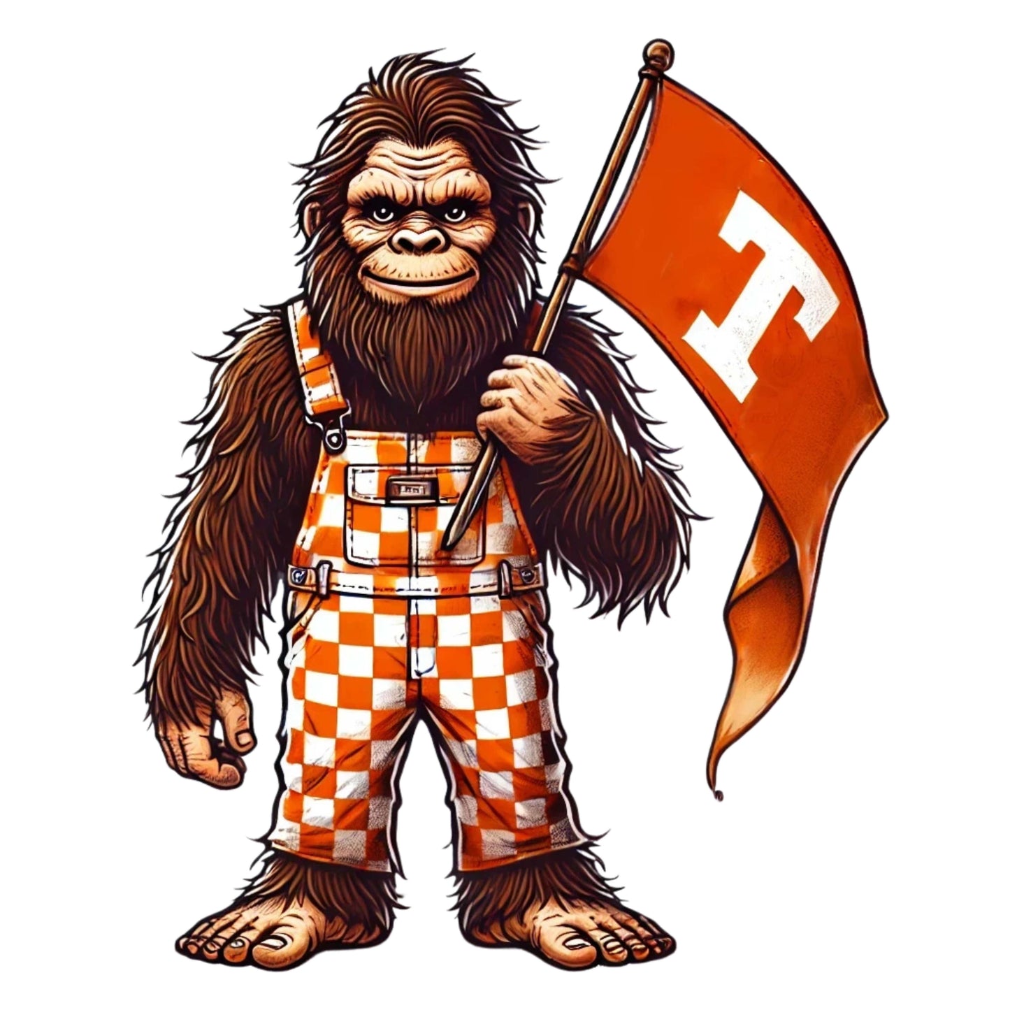 Bigfoot wearing orange and white checkered overalls with a UT Flag Sticker.  UT Vols fan, Big Orange, Tennessee, Vols, Sticker, Decal, Tennessee Football, UT Flag, Sticker