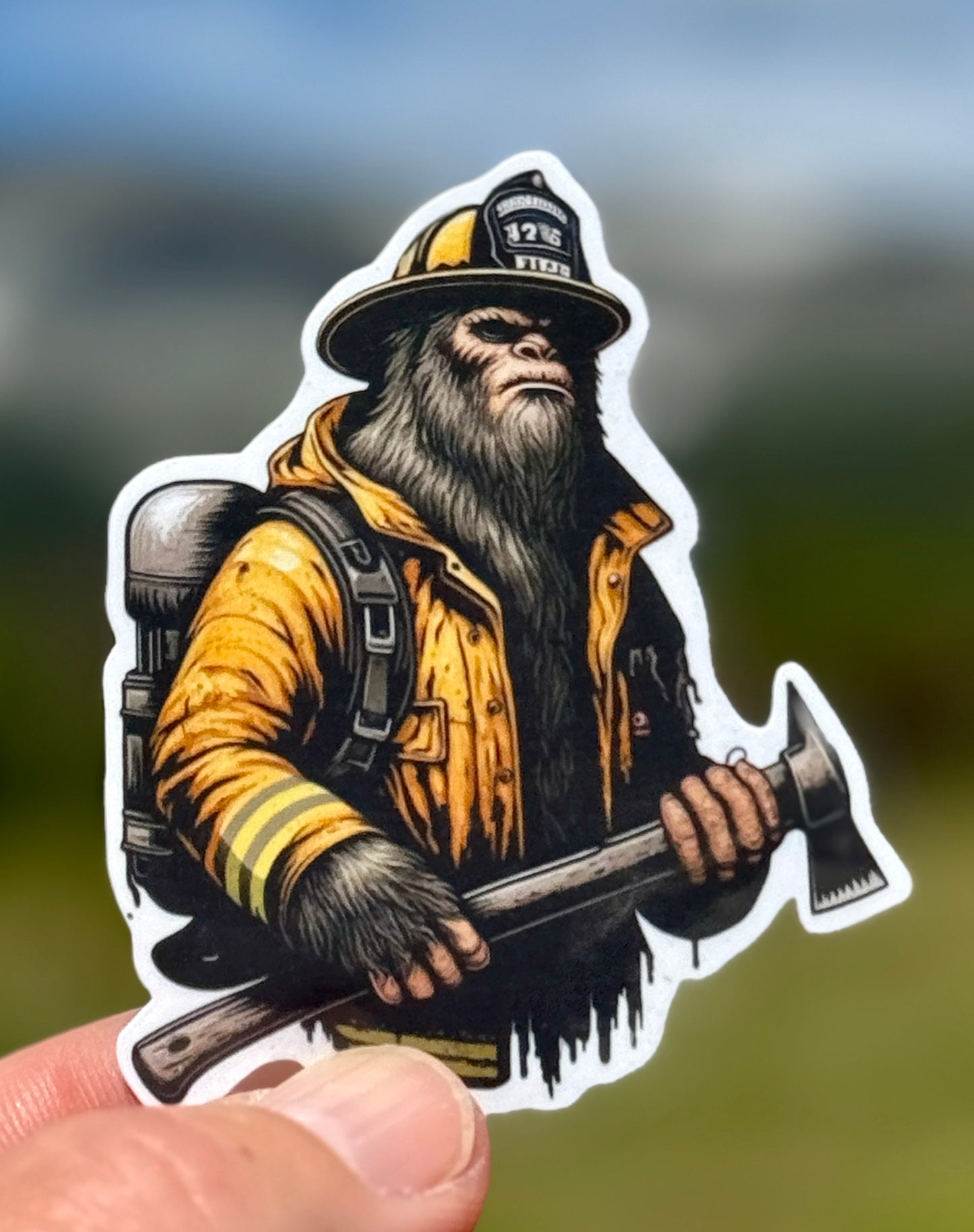 Bigfoot Rugged Wildland Firefighter Sticker, firefighter, bunker gear, Wildland, Bigfoot Firefighter, hero, sticker, fire, ax, smoke jumper