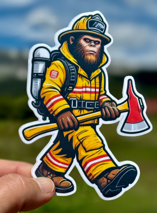 Bigfoot Wildland Firefighter Sticker, firefighter, bunker gear, Wildland, Bigfoot Firefighter, hero, sticker, fire, ax, smoke jumper, forest