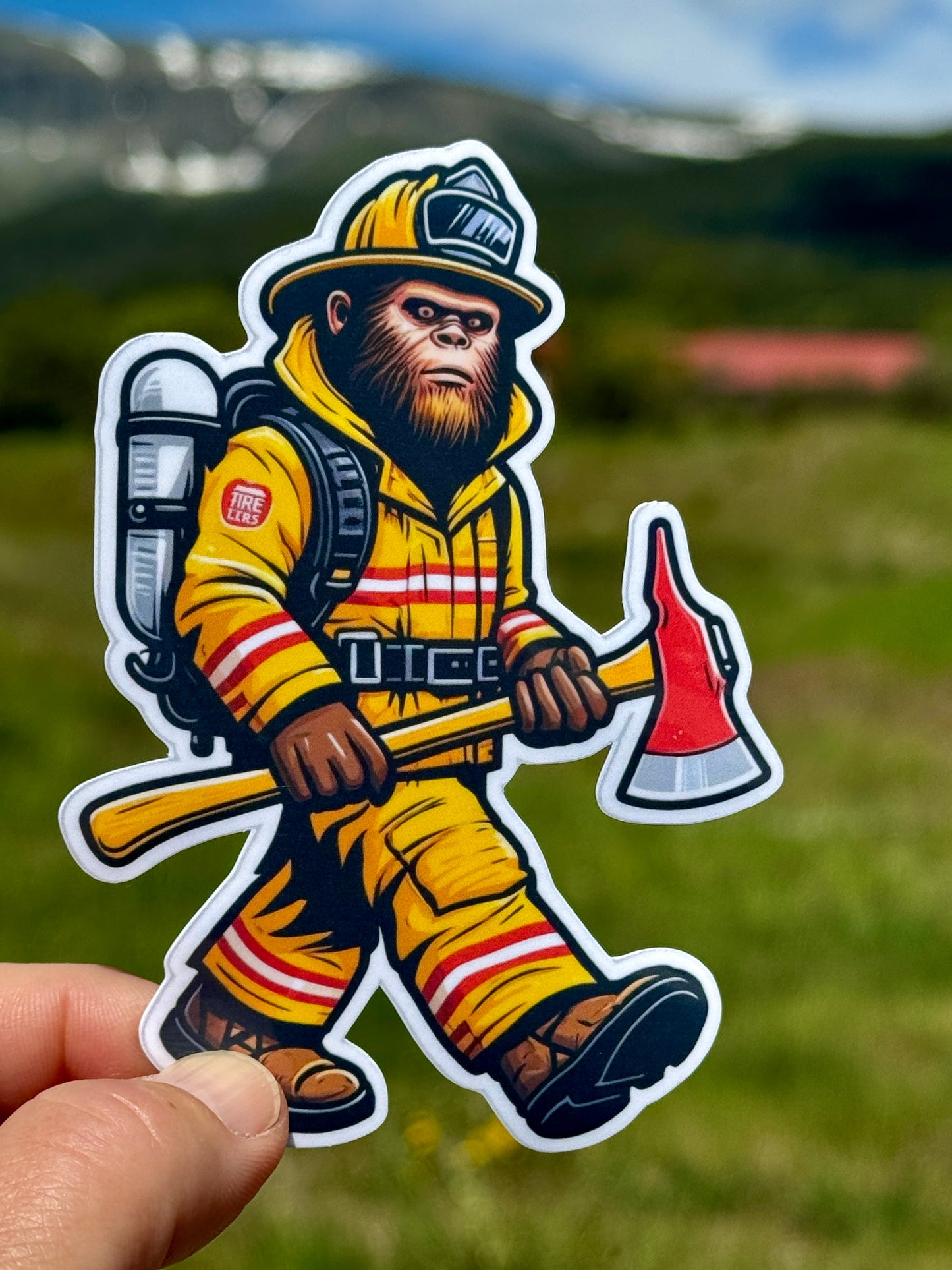 Bigfoot Wildland Firefighter Sticker, firefighter, bunker gear, Wildland, Bigfoot Firefighter, hero, sticker, fire, ax, smoke jumper, forest