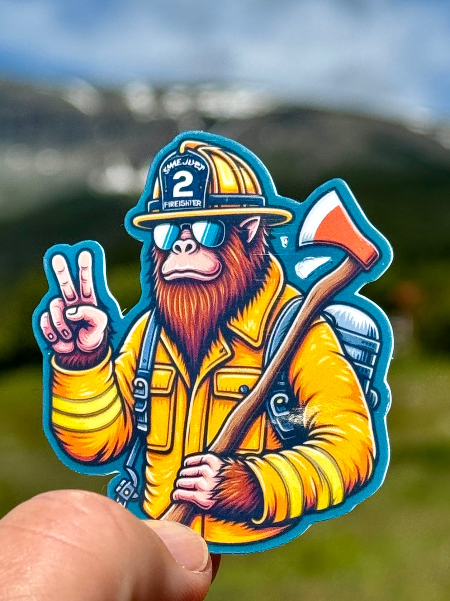 Bigfoot Wildland Firefighter giving peace sign Sticker, firefighter, bunker gear, Wildland, Bigfoot Firefighter, hero, sticker, fire, peace