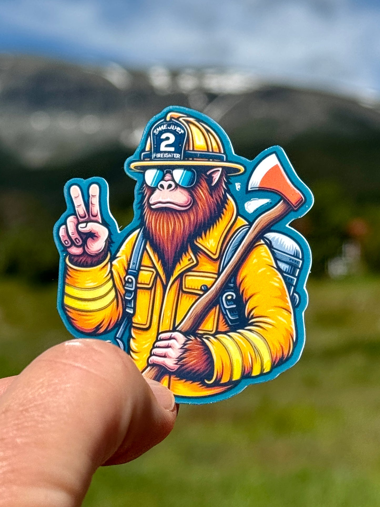 Bigfoot Wildland Firefighter giving peace sign Sticker, firefighter, bunker gear, Wildland, Bigfoot Firefighter, hero, sticker, fire, peace