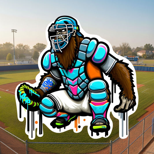 Bigfoot Baseball Catcher Sticker, Catcher, Baseball, Catchers mitt, Bigfoot, little league, sticker, play ball, Sports Sticker,catchers mask