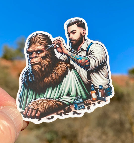 Bigfoot getting a haircut at the Barbershop Sticker, Bigfoot, Barbershop, haircut, Sticker, Decal, Barber,Furry,Sasquatch, grooming, stylist