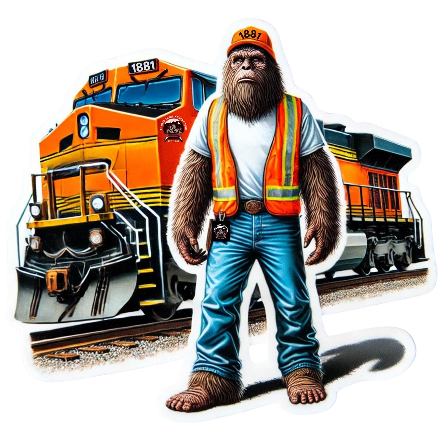 Bigfoot Railroad worker Sticker, railroad, sticker, Bigfoot, trains, railroad worker, train tracks, engineer, construction, railway, train