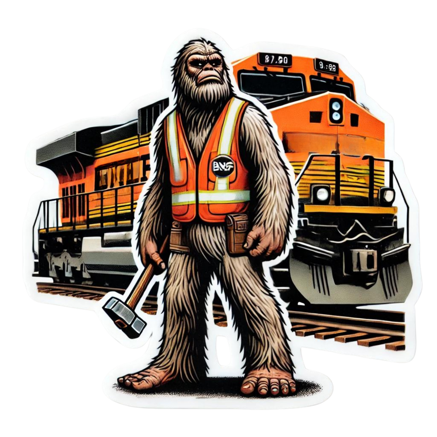 Bigfoot Railroad worker Sticker, railroad, sticker, Bigfoot, trains, railroad worker, train tracks, engineer, construction, railway, train