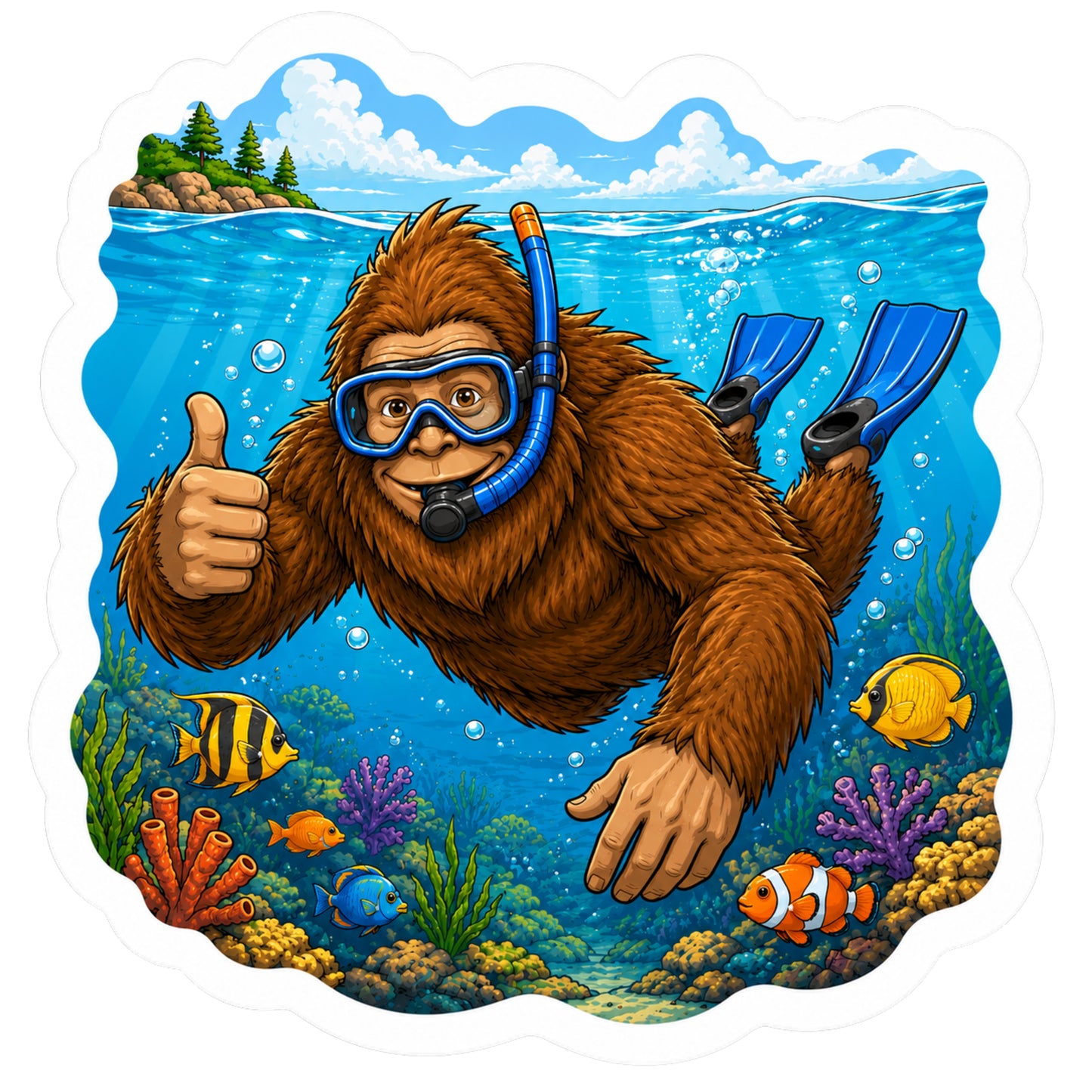 Bigfoot Snorkeling Sticker | Funny Sasquatch Snorkeler Decal | Beach Vacation Sticker | Ocean Lover Gift | Bigfoot Water Bottle Sticker