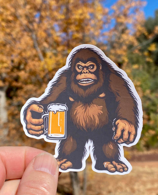 Bigfoot holding a Beer Sticker, Bigfoot, Beer, Sticker, Decal, Gift, Hiking, Sasquatch, Brewery, Brewer, bar, Bigfoot Sticker, drinking,Pub