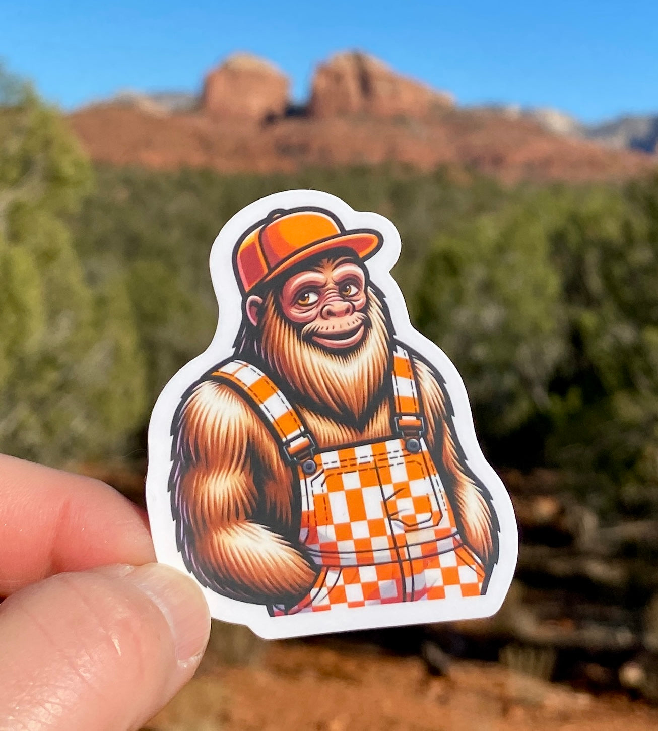 Bigfoot wearing orange and white checkered overalls Sticker.  UT Vols fan, Big Orange, Tennessee, Vols, Sticker, Decal, Tennessee Football