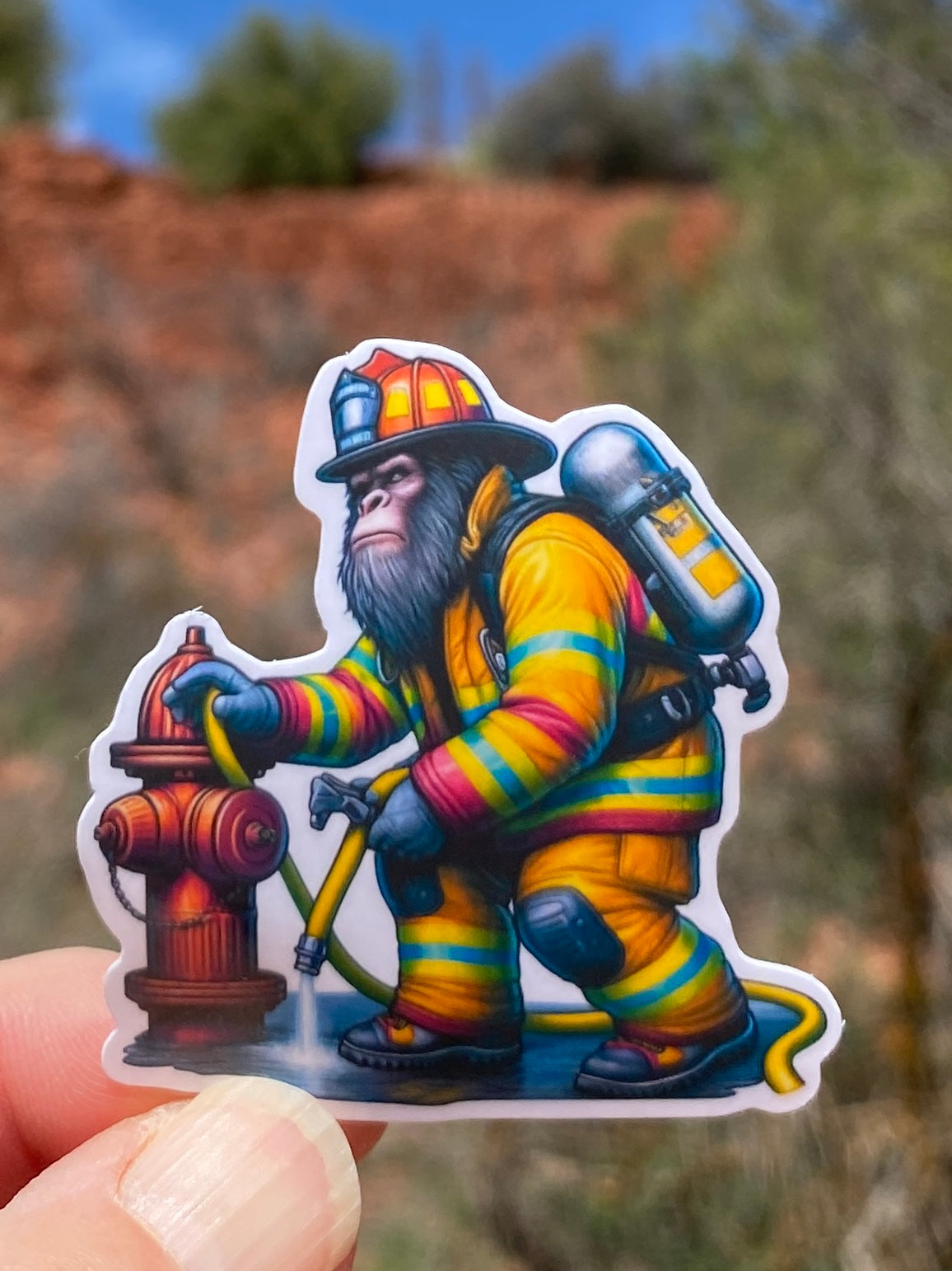 Bigfoot Firefighter Sticker, firefighter, bunker gear, fireman, first responder, fire hydrant, Bigfoot Firefighter, hero, firehouse, sticker