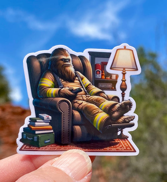 Bigfoot Firefighter in a recliner Sticker, firefighter, fireman, Bigfoot, smoke eater, fire department, hero, firehouse, sticker, recliner