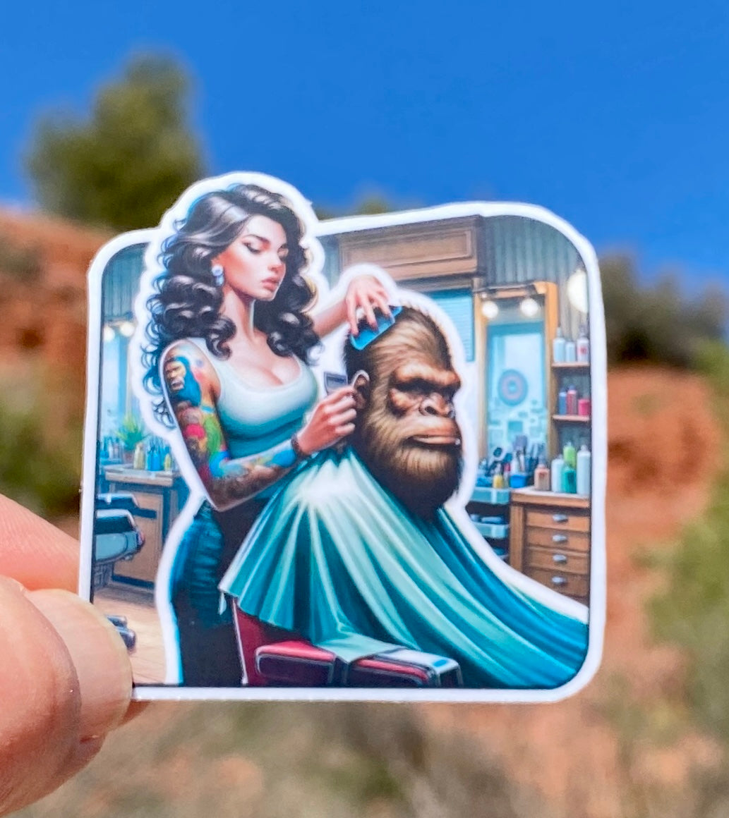 Bigfoot getting a haircut from a female hair stylist Sticker, Bigfoot, Barbershop, haircut, Sticker, Barber,Furry,Sasquatch,grooming,stylist