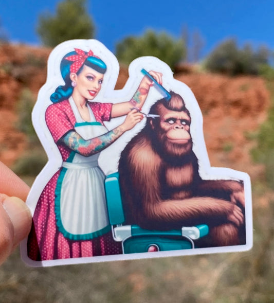 Bigfoot getting a haircut from a female hair stylist Sticker, Bigfoot, Barbershop, haircut, Sticker, Barber,Furry,Sasquatch,grooming,stylist