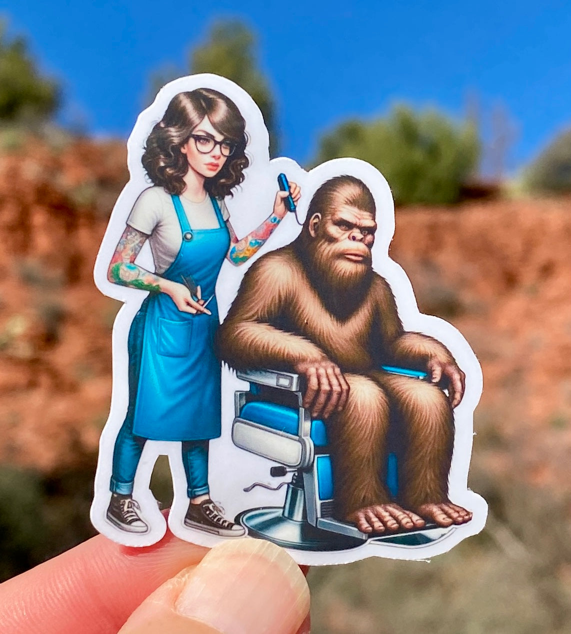 Bigfoot getting a haircut from a female hair stylist Sticker, Bigfoot, Barbershop, haircut, Sticker, Barber,Furry,Sasquatch,grooming,stylist