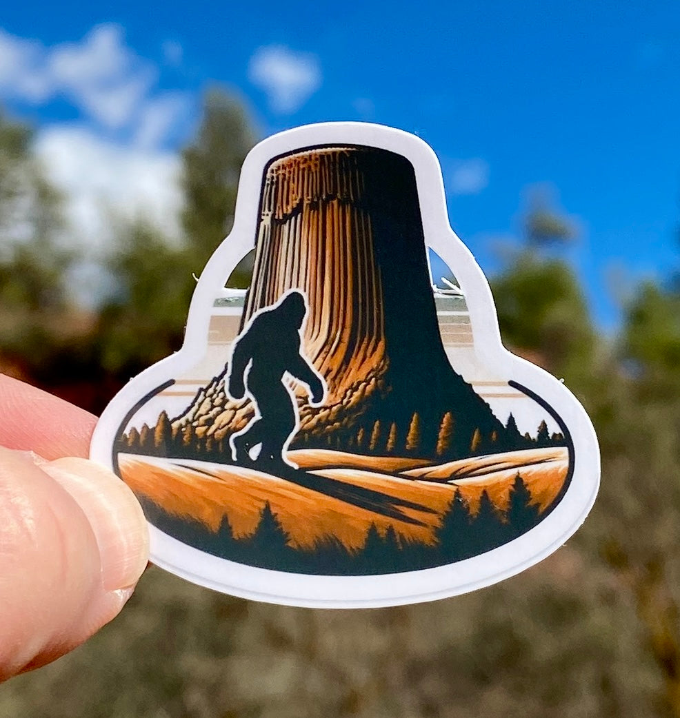 Bigfoot Hiking by Devils Tower Sticker, Devils Tower, Wyoming, Bigfoot, hiking, sticker, Bigfoot Wyoming, Hiking Adventure, Sasquatch, hike