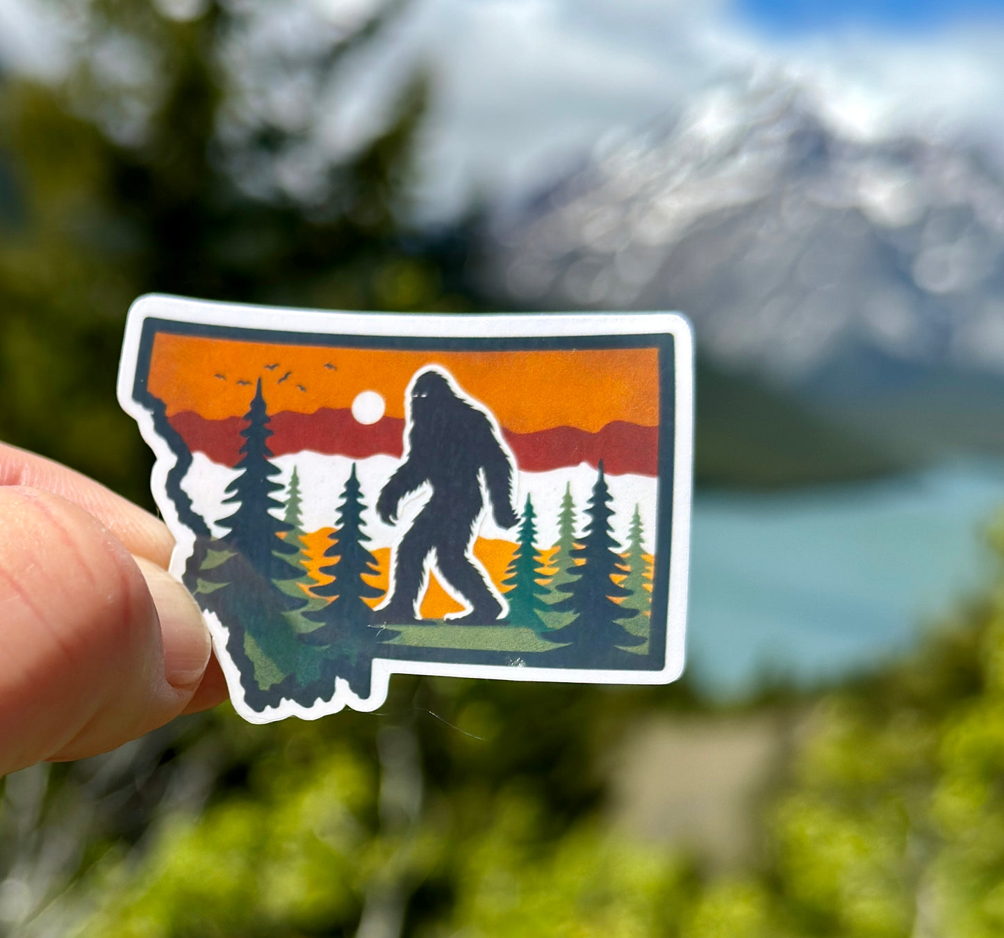 Bigfoot Hiking in Silhouette of Montana Sticker, Montana, Bigfoot, hiking, sticker, Yellowstone, Hiking Adventure, Sasquatch, Travel, Hike