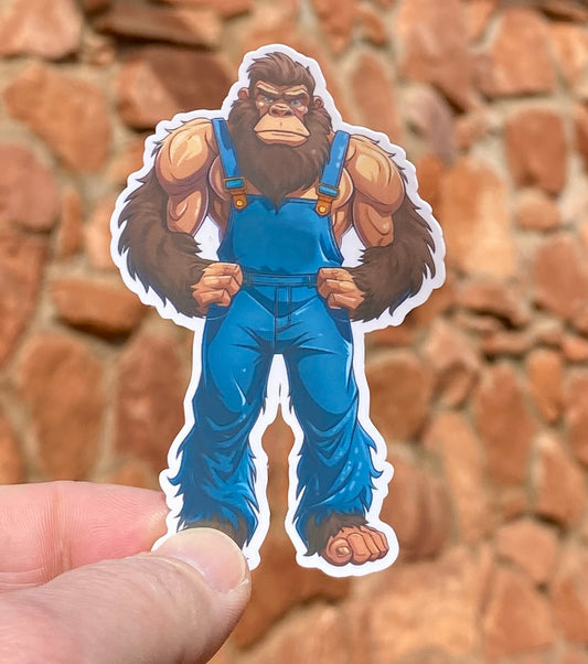 Bigfoot Wearing Denim Overalls Sticker, Bigfoot, Sticker, Decal, Overalls, Farmer, Hiking, Creature, Mythical, Believe, Gift, hiker, camping