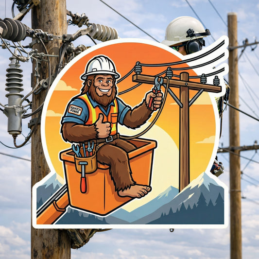 Bigfoot Lineman Sticker – Funny Sasquatch Power Line Worker Die Cut Sticker | Utility Worker Gift | Lineman Humor Decal