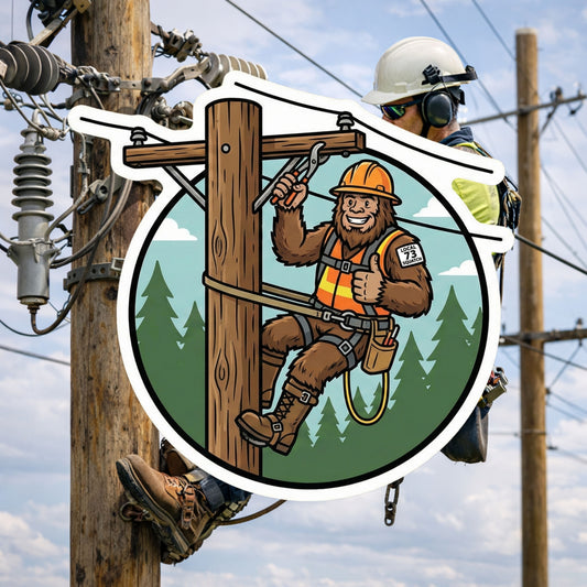 Bigfoot Lineman Sticker – Funny Sasquatch Power Line Worker Die Cut Sticker | Utility Worker Gift | Storm Repair