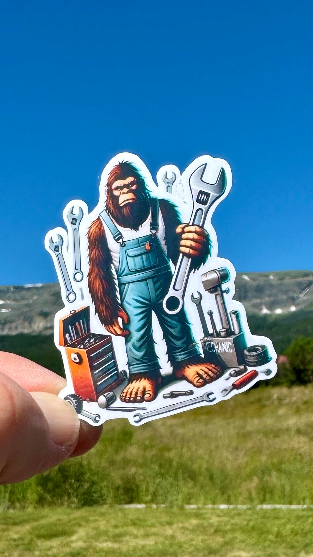 Bigfoot Mechanic Sticker, Welder, Mechanic, tradesman, Bigfoot, sticker, trades, tools, workshop, Sasquatch, wrench, tool man, tool shop