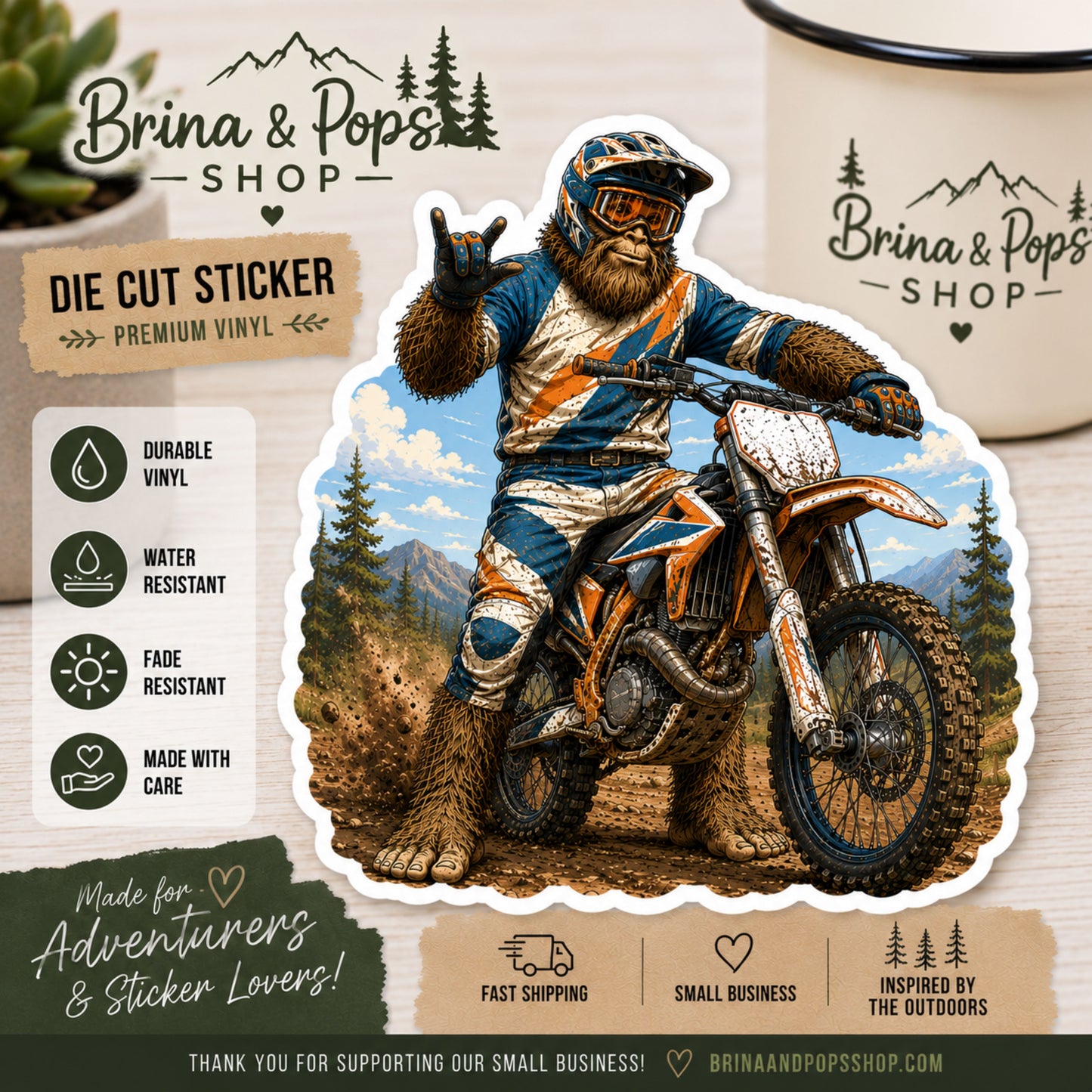 Bigfoot Motocross Rider Die Cut Vinyl Sticker – Sasquatch Dirt Bike Decal – Motocross Gift – Off-Road Adventure Sticker