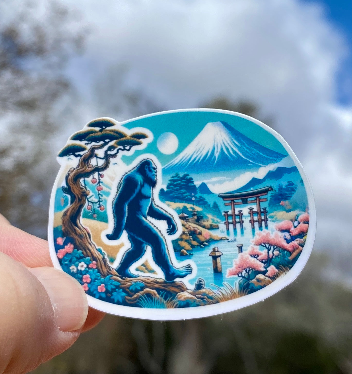 Bigfoot Hiking near Mt Fuji Sticker, Mt Fuji, Bigfoot, hiking, sticker, Hiking Adventure, Sasquatch,Japan, Bigfoot in Japan,Bigfoot believer