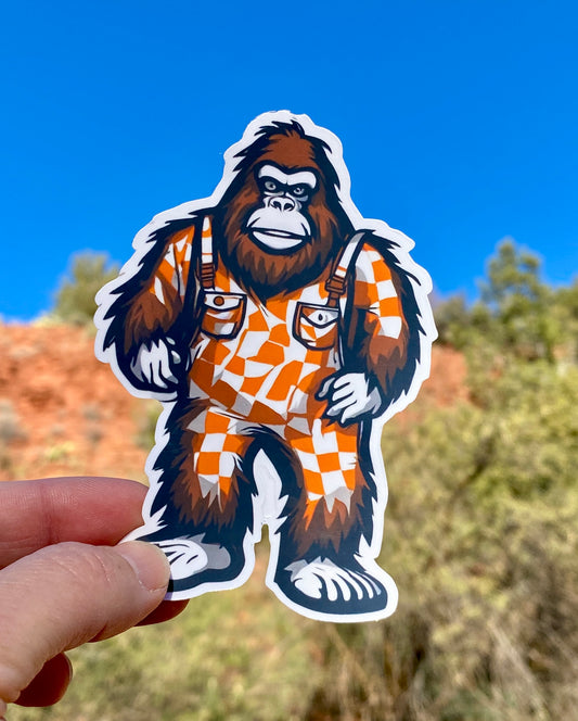 Bigfoot wearing orange and white checkered overalls Sticker.  UT Vols fan, Big Orange, Tennessee, Vols, Sticker, Decal, Tennessee Football