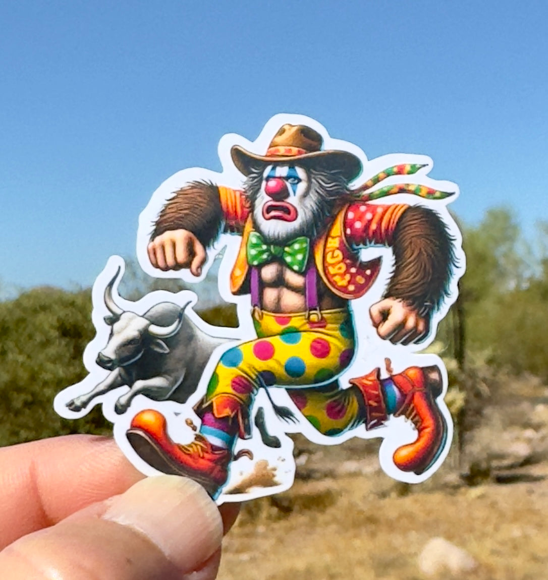 Bigfoot Rodeo Clown Sticker, Rodeo, Rodeo Clown, wild west, bull rider, PBR, Bigfoot, 8 seconds, sticker, saddle up, bull, western, cryptid